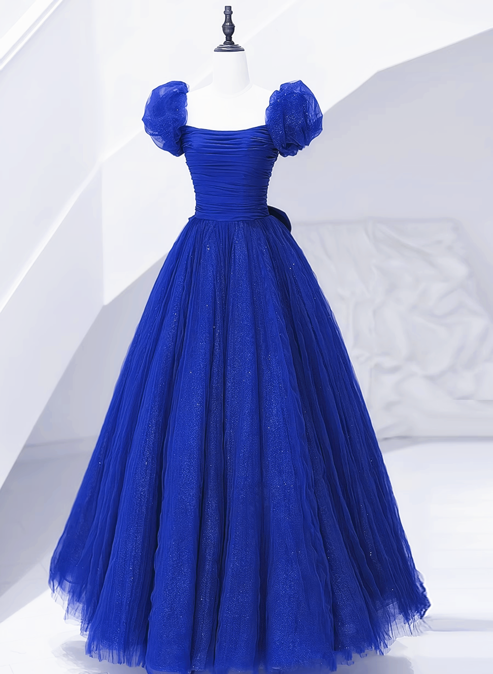 Royal Blue Scoop Tulle Short Sleeves Long Prom Dress, Royal Blue A-Line Party Dress