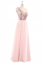 One-Shoulder Sequin and Chiffon A-Line Long Bridesmaid Dress