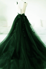 Green A-Line Tulle With Lace Low Back Prom Dress, Green Tulle Evening Dress Party Dress
