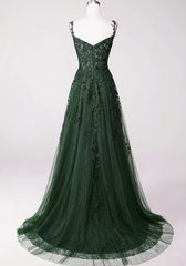 Dark Green Tulle With Lace Beaded Straps Prom Dress, Green Long Formal Dress Party Dress