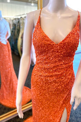 Orange Sequin Lace-Up Mermaid Long Formal Dress with Slit