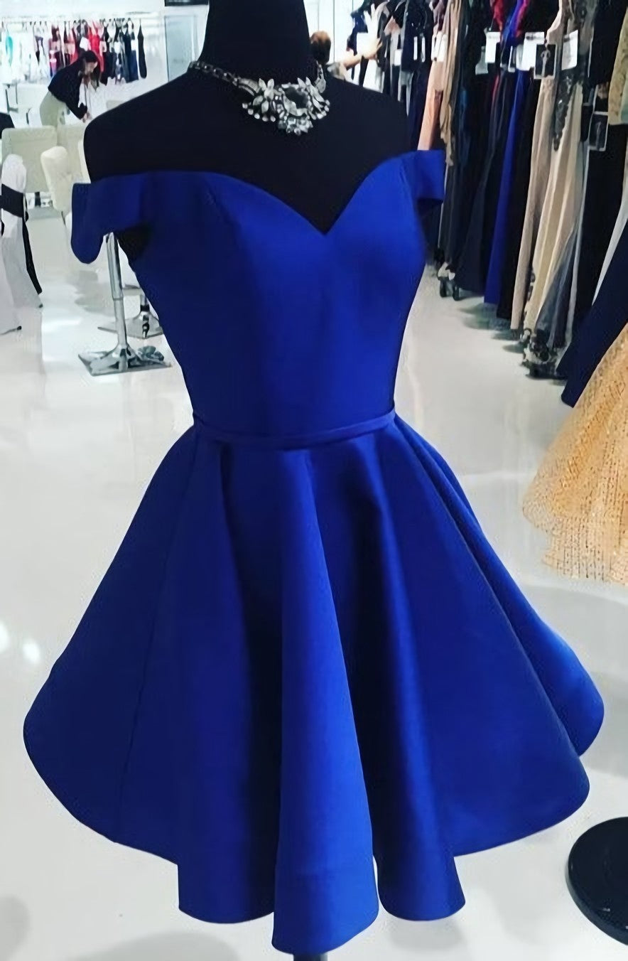 Royal Blue Off The Shoulder V Neck A Line Satin Pleated Short Homecoming Dresses