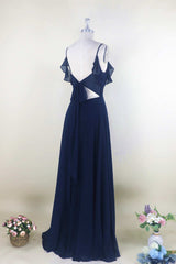 Navy Blue Chiffon Cold-Shoulder A-Line Long Bridesmaid Dress