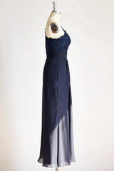 One-Shoulder Navy Blue Lace Long Bridesmaid Dress