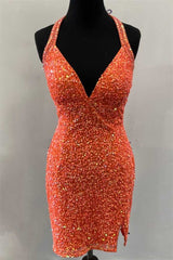 Orange Sequin Halter Fringe Short Homecoming Dress