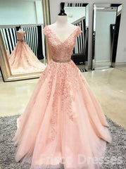 Pink Sleeveless V Neck Tulle Lace Applique Long Prom Dresses