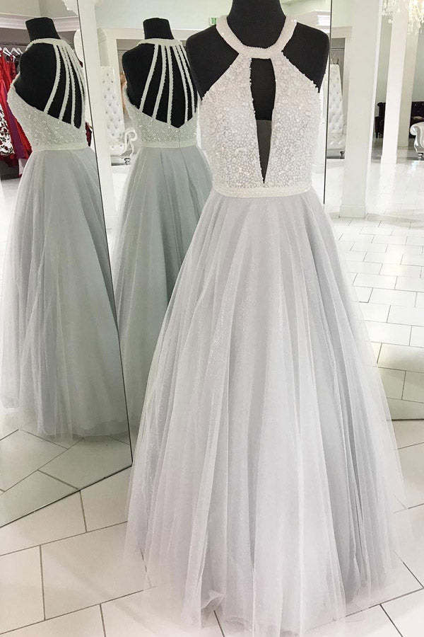 Gray A Line Floor Length Halter Sleeveless Beading Prom Dresses