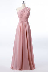 One Shoulder Blush Pink Chiffon A-line Bridesmaid Dress