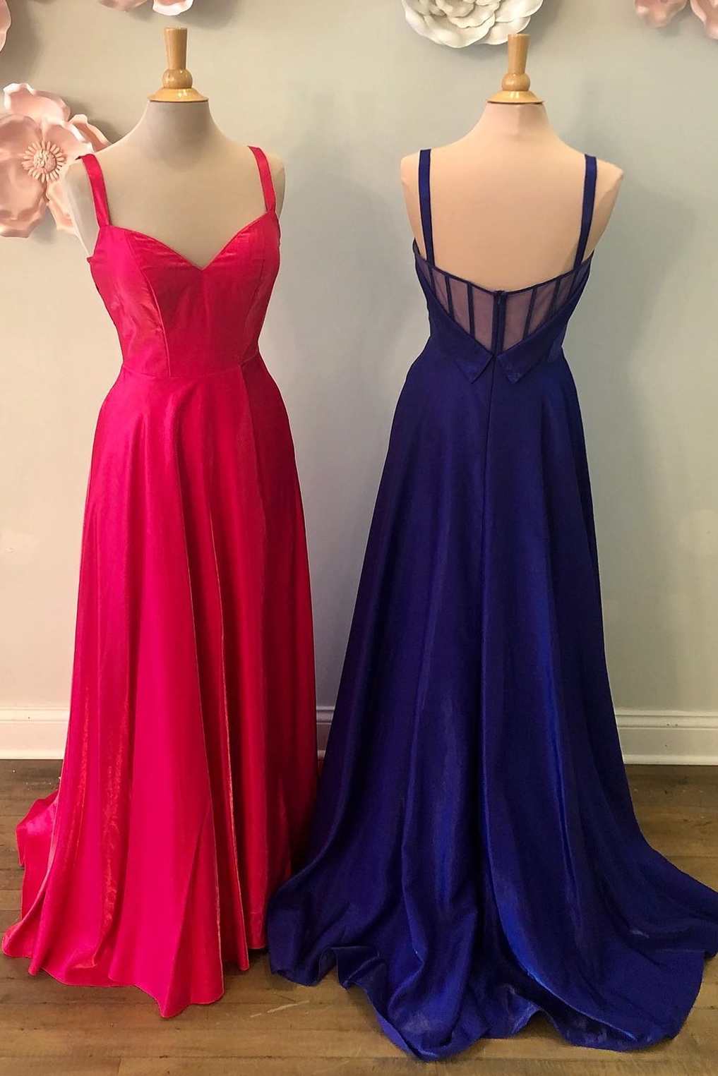 Neon Pink V-Neck Straps A-Line Prom Dress