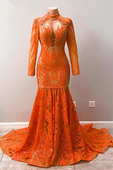 Hot Orange High neck Long Sleeves Mermaid Sequin Prom Dresses