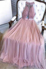 A-line Dusty Pink Prom Dresses Long Beading Formal Dresses