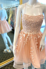 Peach Appliques Lace-Up Back A-Line Short Party Dress