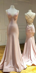 Mermaid Trumpet Prom Dress, Pink Satin Criss Cross Long Evening Gowns 2891