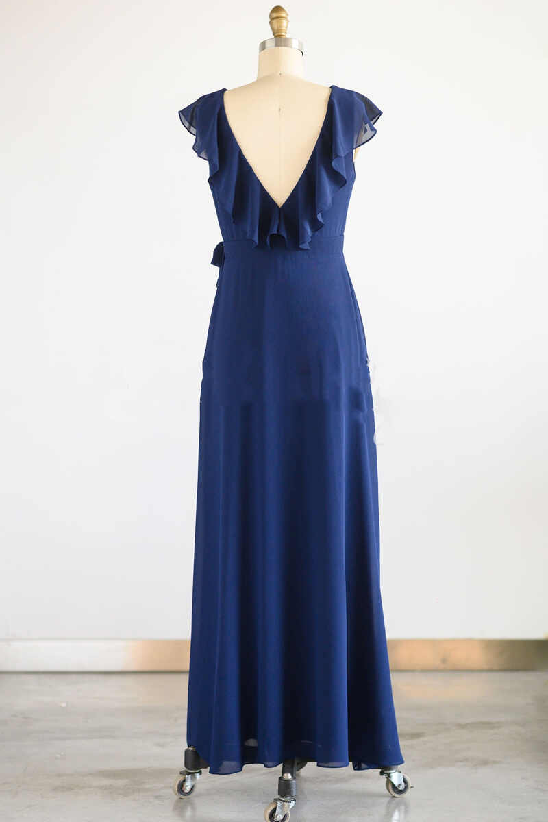 Navy Blue Ruffled Tie-Side Long Bridesmaid Dress