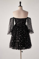 Sweetheart Black Stars Short Dress with Puff Sleeves