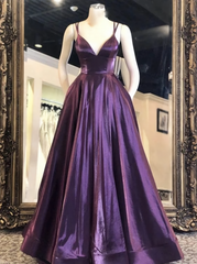 V Neck Purple Satin Long Prom Dresses, Purple Formal Graduation Evening Dresses/4307