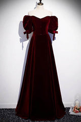Modest Burgundy Long Prom Dresses with Short Sleeves Vintage Evening Gown