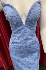 Periwinkle Appliques Plunge V Lace-Up Homecoming Dress
