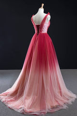 Ombre Red A-line Tulle Long Formal Dress