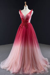 Ombre Red A-line Tulle Long Formal Dress