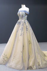 Off the Shoulder Yellow and Blue Formal Gown