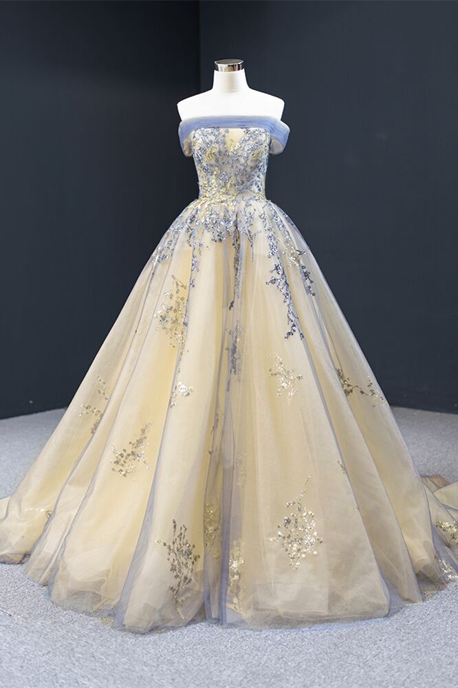 Off the Shoulder Yellow and Blue Formal Gown