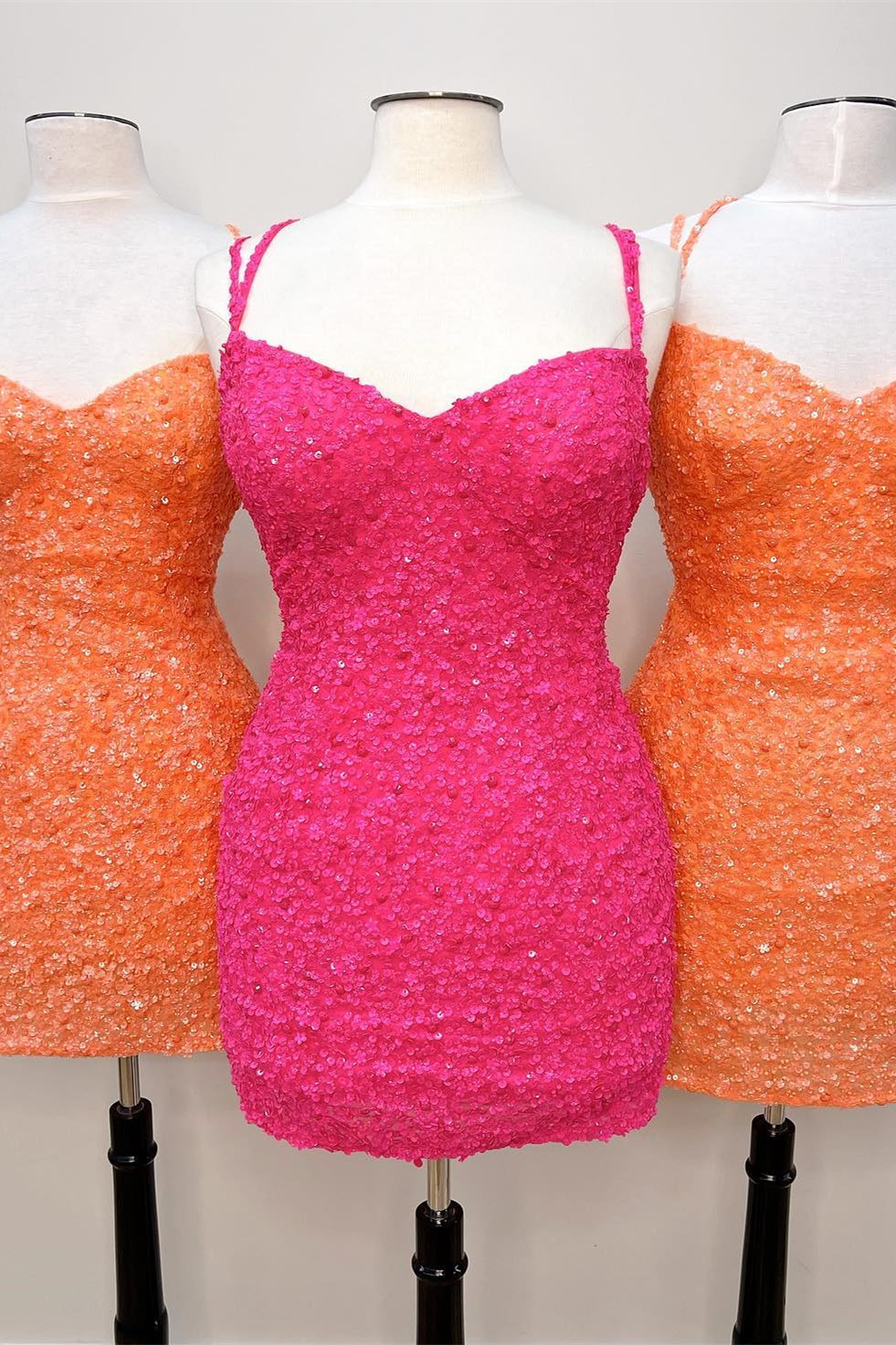 Orange Sequins Double Straps Sheath Homecoming Dress