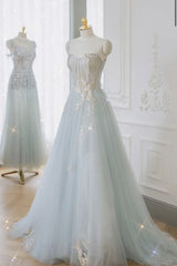 A-Line Tulle Lace Appliques Sweetheart Long Prom Dress, Strapless Evening Dress