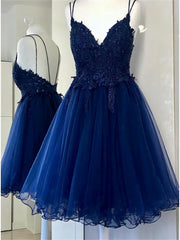 A Line Dual Strapped Royal Blue V Neck Short Prom Dress With Beads Appliques