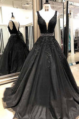Ball Gown Straps Black V Neck Lace Appliques Prom Dresses, Beads V Back Dance Dress