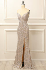 Silver Sequins Long Prom Dress with Slit