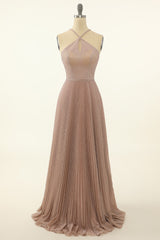 Blush Halter Sparkly Prom Dress with Ruffles