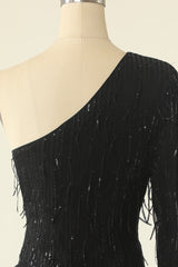 One Shoulder Black Cocktail Dress With Feathers