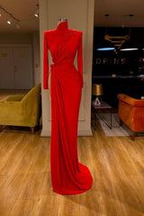 Glamorous High Neck Long Sleeve Red Prom Dress Long With Split
