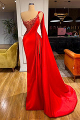 Unique Red Stones Sleeveless High split mermaid Evening Dress