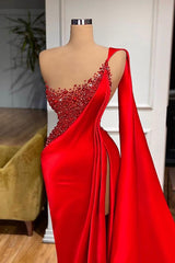 Unique Red Stones Sleeveless High split mermaid Evening Dress
