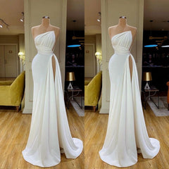 Strapless Creamy White High-split Pleated Long Prom Dress