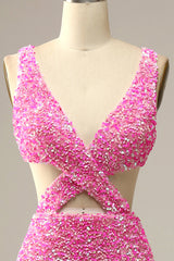 Fuchsia Sequined V-Neck Cut Out Prom Dress