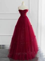 Burgundy A-line Off Shoulder Tulle Shiny Long Prom Dress