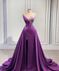 Purple Mermaid Dress With High Slit Detachable Train Wedding Reception Dress, Satin Lace Wedding Dress, African Prom Dress, Evening Dress