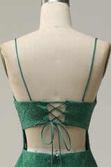 Mermaid Spaghettti Straps Dark Green Sequins Long Prom Dress with Split Front