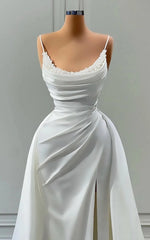 Beautiful White Long A-line Spaghetti Straps Wedding Dresses With Beads