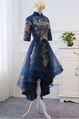 High Neck High Low Dark Navy Half Sleeve Tulle Homecoming Dresses With Appliques H1036