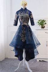High Neck High Low Dark Navy Half Sleeve Tulle Homecoming Dresses With Appliques H1036