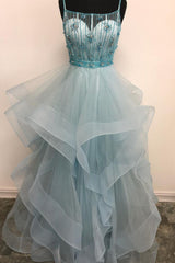 Light Green Spaghetti Straps Tulle Prom Dress with Beading Crystal