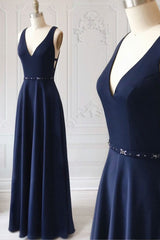 Navy Blue V-neck Floor Length Simple Cute Long Prom Dresses