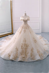 Off The Shoulder Ball Gown Sweetheart Wedding Dress, Long Appliques Bridal Dress