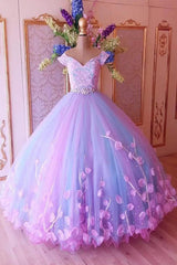 Princess Pink and Blue Ball Gown Prom Dresses with Flowers, Quinceanera Dresses