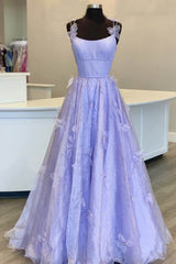 Purple Spaghetti Straps Long A line Prom Gown Handmade Flower Evening Dress