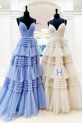Sparkly Spaghetti Straps Tiered Tulle Prom Dress, New Long Party Gown
